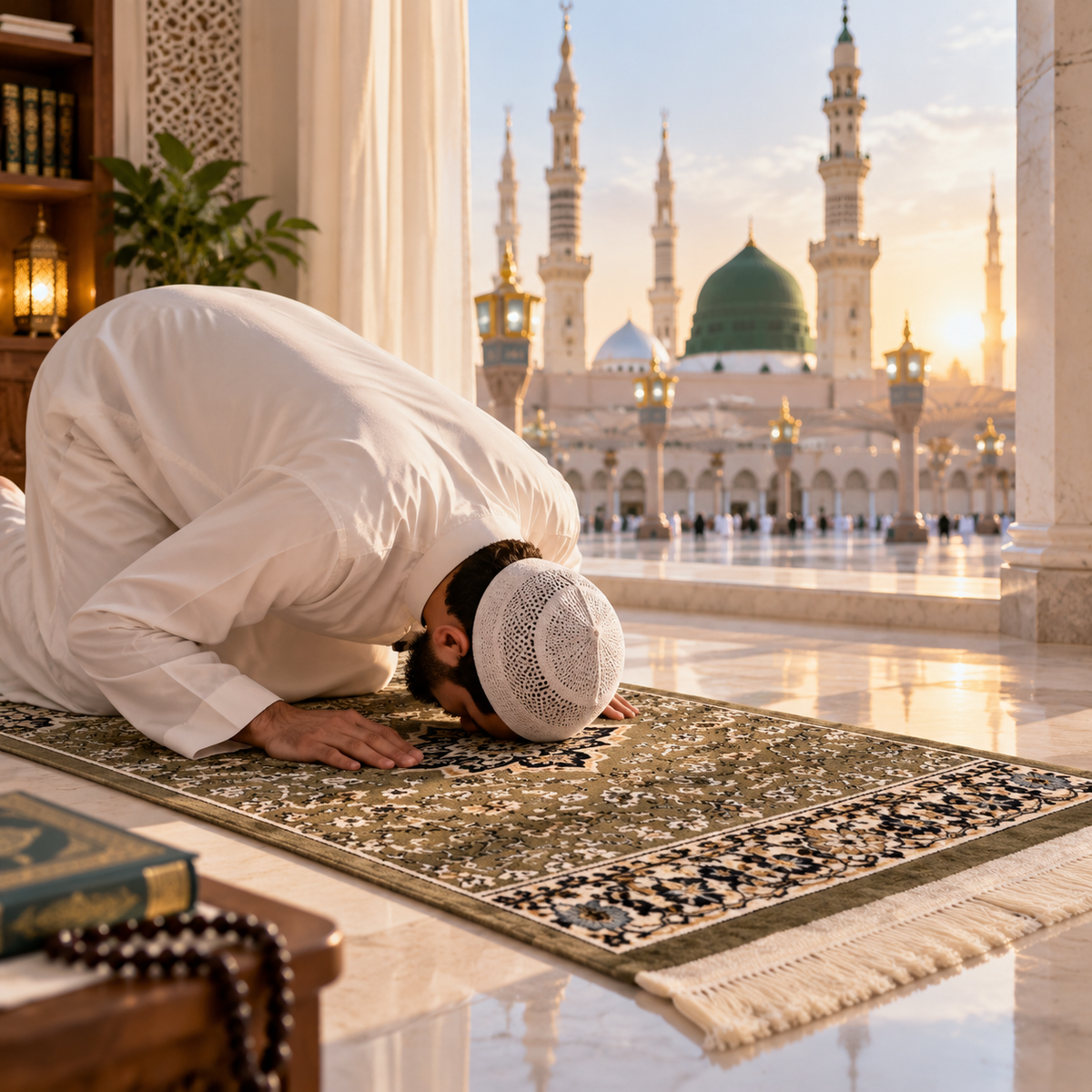 Al Rawdah Prayer Mat Inspired by Al-Masjid Nabawi, Crafted in Madina, Saudi Arabia (GREEN)